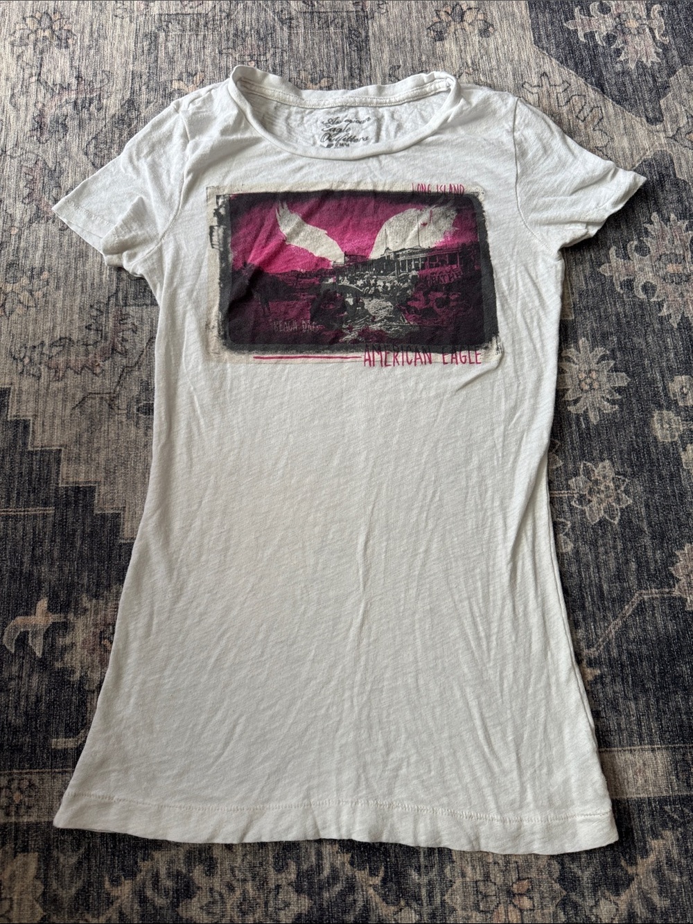 American Eagle Outfitters White Tee with Pink & Black Photo Graphic